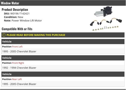 Left Driver Side Window Motor - Front or Rear - Compatible with 1995-2005 Chevy Blazer, W0196-T142421 in Saudi Arabia
