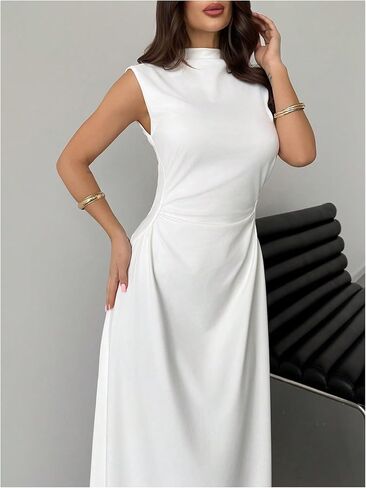 GORGLITTER Women's Mock Neck Maxi Dress Fall Wedding Guest Dress Ruched Flowy Sleeveless Cocktail Party Dresses in Saudi Arabia