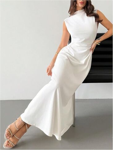 GORGLITTER Women's Mock Neck Maxi Dress Fall Wedding Guest Dress Ruched Flowy Sleeveless Cocktail Party Dresses in Saudi Arabia