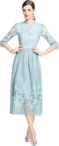 LAI MENG FIVE CATS Womens Crew Neck Flowy Floral Lace Hollow Crochet Waist Cocktail Dress in Saudi Arabia