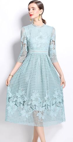 LAI MENG FIVE CATS Womens Crew Neck Flowy Floral Lace Hollow Crochet Waist Cocktail Dress in Saudi Arabia