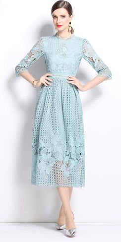 LAI MENG FIVE CATS Womens Crew Neck Flowy Floral Lace Hollow Crochet Waist Cocktail Dress in Saudi Arabia