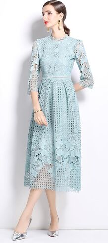 LAI MENG FIVE CATS Womens Crew Neck Flowy Floral Lace Hollow Crochet Waist Cocktail Dress in Saudi Arabia
