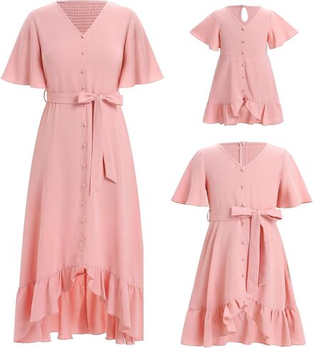 فستان AWIBMK Boho Mommy and Me للعطلات الصيفية كاجوال بأكمام مكشكشة ورقبة على شكل حرف v متوسطة الطول على شكل حرف a فساتين عالية ومنخفضة مع حزام in Saudi Arabia