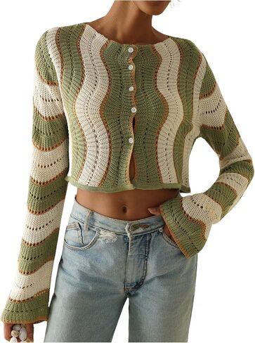 OYOANGLE Women's Color Block Striped Crochet Cardigan Sweater Button Up Long Sleeve Crop Knit Tops in Saudi Arabia