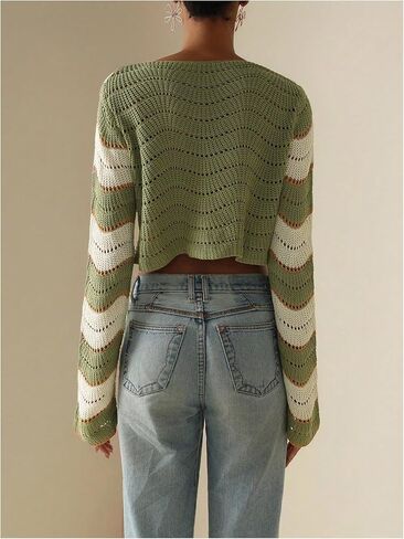 OYOANGLE Women's Color Block Striped Crochet Cardigan Sweater Button Up Long Sleeve Crop Knit Tops in Saudi Arabia