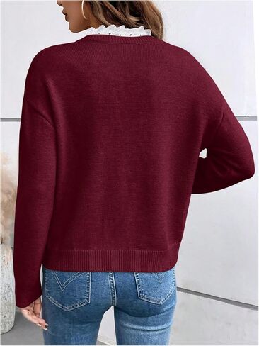 SOLY HUX Women's Long Sleeve Sweater Lace Trim Notched V Neck Knit Pullover Tops Casual Trendy Sweaters in Saudi Arabia