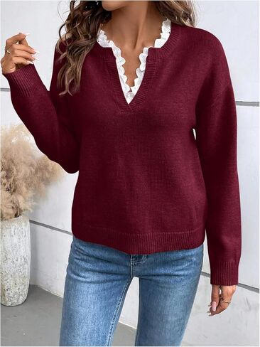 SOLY HUX Women's Long Sleeve Sweater Lace Trim Notched V Neck Knit Pullover Tops Casual Trendy Sweaters in Saudi Arabia
