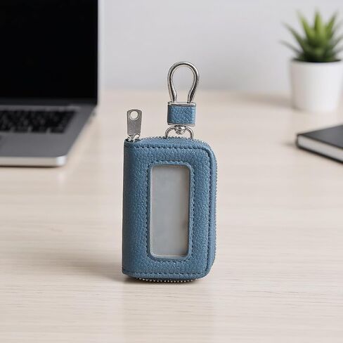 1 Piece Car Key Case Faux Leather Car Key Chain Holder with Metal Hook and Keyring Zipper Bag(Light Blue) in Saudi Arabia