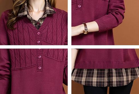قميص نسائي من LAI MENG FIVE CATS بأكمام طويلة وطبقات ذات مظهر متباين وياقة مخططة Preppy 2 في 1 بلوفر تونيك in Saudi Arabia