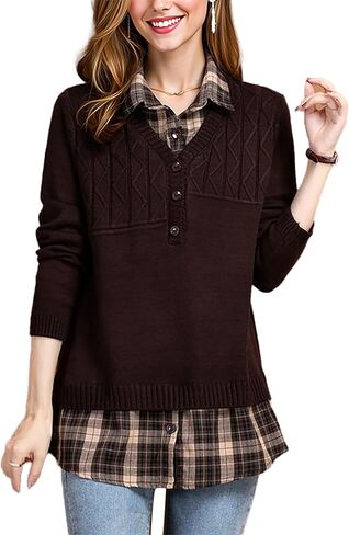 LAI MENG FIVE CATS Women's Long Sleeve Knit Layered Look Shirt Contrast Stripe Collar Preppy 2 in 1 Pullover Tunics Tops in Saudi Arabia