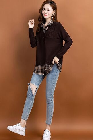LAI MENG FIVE CATS Women's Long Sleeve Knit Layered Look Shirt Contrast Stripe Collar Preppy 2 in 1 Pullover Tunics Tops in Saudi Arabia