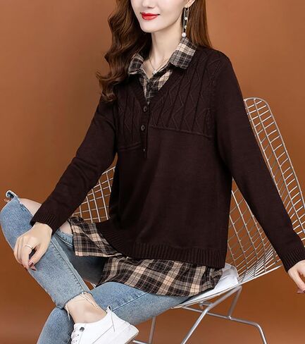 LAI MENG FIVE CATS Women's Long Sleeve Knit Layered Look Shirt Contrast Stripe Collar Preppy 2 in 1 Pullover Tunics Tops in Saudi Arabia