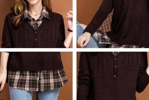 LAI MENG FIVE CATS Women's Long Sleeve Knit Layered Look Shirt Contrast Stripe Collar Preppy 2 in 1 Pullover Tunics Tops in Saudi Arabia