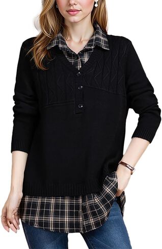 LAI MENG FIVE CATS Women's Long Sleeve Knit Layered Look Shirt Contrast Stripe Collar Preppy 2 in 1 Pullover Tunics Tops in Saudi Arabia
