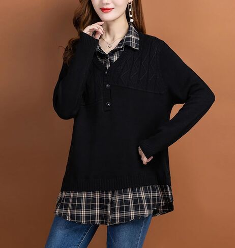 LAI MENG FIVE CATS Women's Long Sleeve Knit Layered Look Shirt Contrast Stripe Collar Preppy 2 in 1 Pullover Tunics Tops in Saudi Arabia