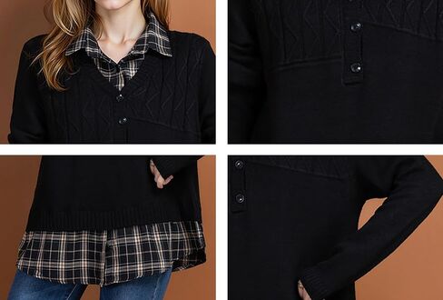LAI MENG FIVE CATS Women's Long Sleeve Knit Layered Look Shirt Contrast Stripe Collar Preppy 2 in 1 Pullover Tunics Tops in Saudi Arabia