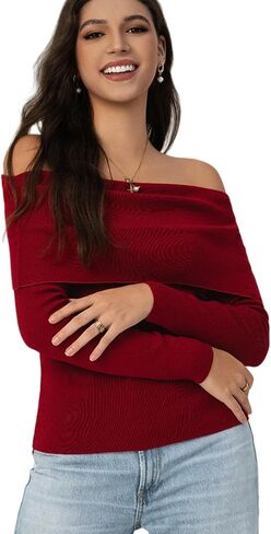 Women's Autumn Sweater, 2025 Casual Long Sleeve Off-The-Shoulder Strapless Knitted Sweater, Pullover Sweater in Kuwait