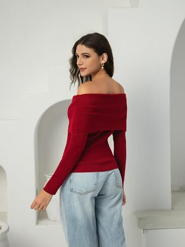 Women's Autumn Sweater, 2025 Casual Long Sleeve Off-The-Shoulder Strapless Knitted Sweater, Pullover Sweater in Kuwait