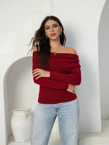 Women's Autumn Sweater, 2025 Casual Long Sleeve Off-The-Shoulder Strapless Knitted Sweater, Pullover Sweater in Kuwait