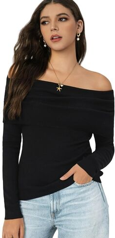 Women's Autumn Sweater, 2025 Casual Long Sleeve Off-The-Shoulder Strapless Knitted Sweater, Pullover Sweater in Saudi Arabia
