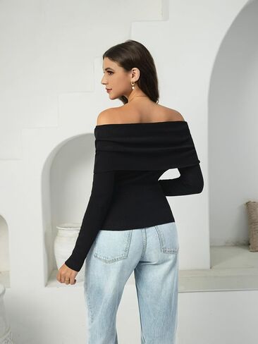 Women's Autumn Sweater, 2025 Casual Long Sleeve Off-The-Shoulder Strapless Knitted Sweater, Pullover Sweater in Saudi Arabia