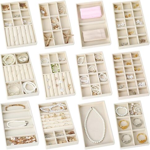 12pcs Stackable Jewelry Organizer, Velvet Jewelry Drawer Storage Organizers Tray with Removable Dividers, Jewelries Storage Display Case for Earring Necklace Bracelet Ring in Saudi Arabia