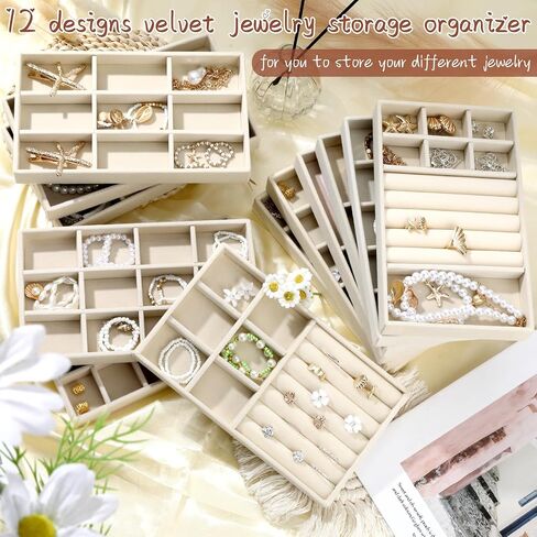 12pcs Stackable Jewelry Organizer, Velvet Jewelry Drawer Storage Organizers Tray with Removable Dividers, Jewelries Storage Display Case for Earring Necklace Bracelet Ring in Saudi Arabia