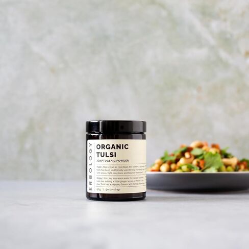 Erbology 100% Organic Tulsi Powder 90g - 90 Servings - Holy Basil - Calm and Mood - Straight from Farm - Raw, Vegan and Gluten-Free - Non-GMO - No Additives or Preservatives - Recyclable Glass Jar in Kuwait