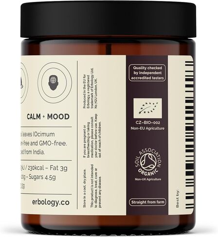 Erbology 100% Organic Tulsi Powder 90g - 90 Servings - Holy Basil - Calm and Mood - Straight from Farm - Raw, Vegan and Gluten-Free - Non-GMO - No Additives or Preservatives - Recyclable Glass Jar in Kuwait