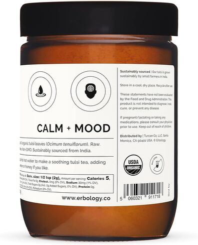Erbology 100% Organic Tulsi Powder 90g - 90 Servings - Holy Basil - Calm and Mood - Straight from Farm - Raw, Vegan and Gluten-Free - Non-GMO - No Additives or Preservatives - Recyclable Glass Jar in Kuwait