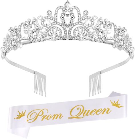 Prom Queen Tiara and Sash Set for Women Girls, Silver Crystal Crown with Comb for Prom Graduate Party Happy Homecoming and Halloween Bridal Birthday Wedding in Saudi Arabia