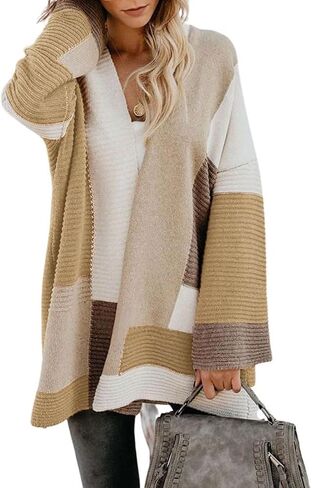 chouyatou Women's Fall Geometric Color Block Open Front Cardigan Sweater Elegant Casual Oversized Coatigan Coat in Saudi Arabia