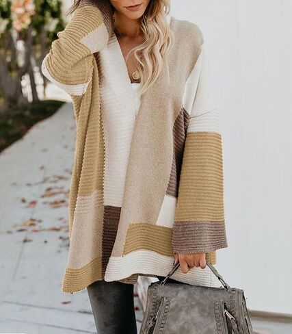 chouyatou Women's Fall Geometric Color Block Open Front Cardigan Sweater Elegant Casual Oversized Coatigan Coat in Saudi Arabia