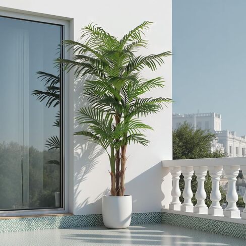 Artificial Palm Tree 6ft, Fake Tropical Palm Tree with White Planter, Faux Areca Palm Tree with Lifelike Leaves & Texture Trunk for Home Office Indoor Outdoor Decor. in Kuwait