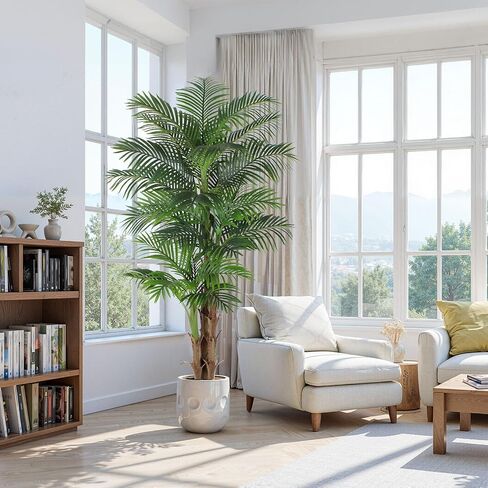 Artificial Palm Tree 6ft, Fake Tropical Palm Tree with White Planter, Faux Areca Palm Tree with Lifelike Leaves & Texture Trunk for Home Office Indoor Outdoor Decor. in Kuwait