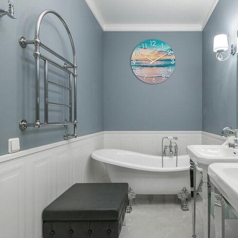 Rustic Wall Clock 12 Inch Silent Non-Ticking Battery Operated, Coastal Beach Clock for Bathroom Kitchen Living Room Bedroom,Seashell Theme,Blue (Glass) in Kuwait