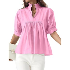 Womens Babydoll Peplum Tops Short Puff Sleeve Blouse V-Neck Pleated Loose Fit Dressy Casual Shirts in Saudi Arabia