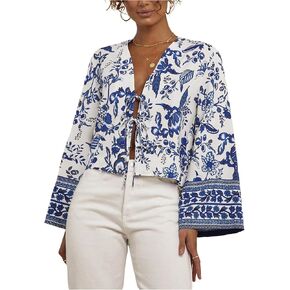 Floerns Women's Boho Floral Tie Front Blouse Bell Sleeve V Neck Elegant Shirt Top in Kuwait