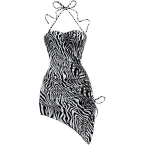 WDIRARA Women's Zebra Striped Sleeveless Halter Mini Dress Drawstring Split Side Asymmetrical Bodycon Dresses in Saudi Arabia