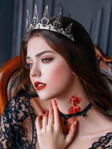 SWEETV Gothic Crowns for Women Black Tiara Queen Crown Witch Hair Accessories for Costume Halloween Prom Party, Silver in Saudi Arabia