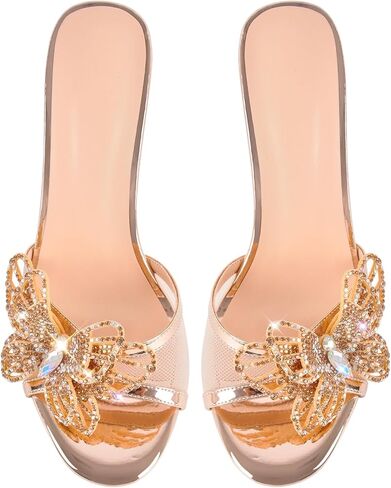 Women's Sparkly Slipper High Heels Mesh Butterfly Diamonds Studded Stilettos in Kuwait