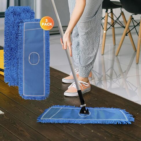 36 Inch Dust Mop Head: Replacement Medium Washable Commercial Mop Head - Sweeper and Janitorial Dust Mop Head Replacement Blue (Blue - 36 Inch, 3 Pack) in Kuwait