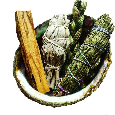 Sacred Medicine Smudge Kit | White Sage, Cedar, Palo Santo, Sweetgrass in Abalone Shell in Saudi Arabia
