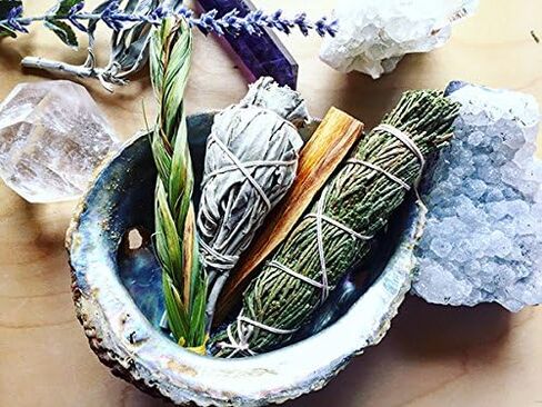 Sacred Medicine Smudge Kit | White Sage, Cedar, Palo Santo, Sweetgrass in Abalone Shell in Saudi Arabia