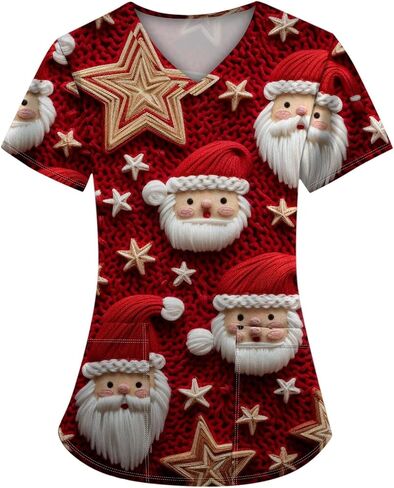 Christmas Scrub Tops Women Santa Claus Print Holiday Medical Nurse Tops Short Sleeve V Neck Working Uniforms in Saudi Arabia