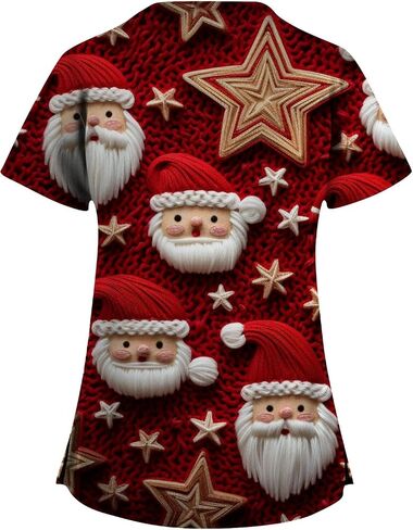Christmas Scrub Tops Women Santa Claus Print Holiday Medical Nurse Tops Short Sleeve V Neck Working Uniforms in Saudi Arabia