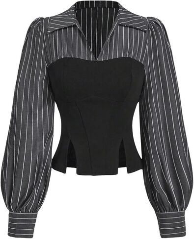 MakeMeChic Women's 2 in 1 Striped Lantern Long Sleeve Tops V Neck Collared Split Fitted Work Blouses in Saudi Arabia