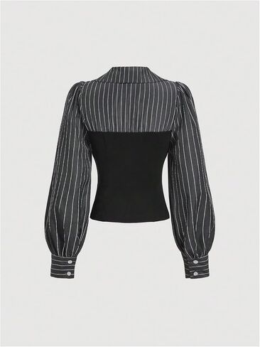MakeMeChic Women's 2 in 1 Striped Lantern Long Sleeve Tops V Neck Collared Split Fitted Work Blouses in Saudi Arabia