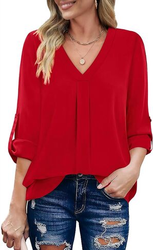 XIEERDUO 3/4 Sleeve Blouses for Women Business Casual V Neck Chiffon Shirts Tops in Saudi Arabia